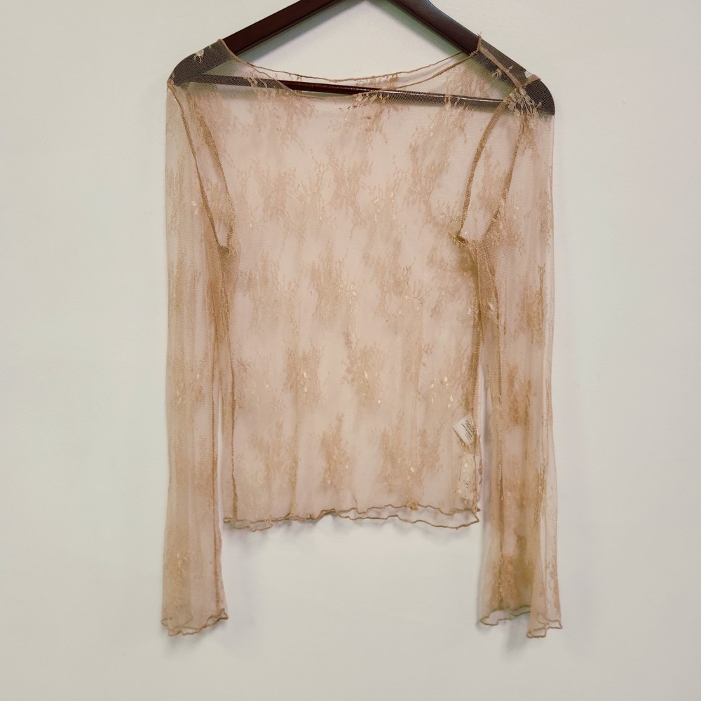 Sheer Lacey Fairy Long Sleeve Ethereal Top Size L Tan Floral Hippie Lettuce Hem
